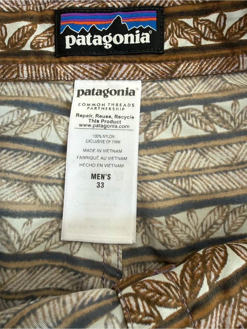 Patagonia Mens Board Shorts Swim Brown Floral Drawstring Inseam Size 33